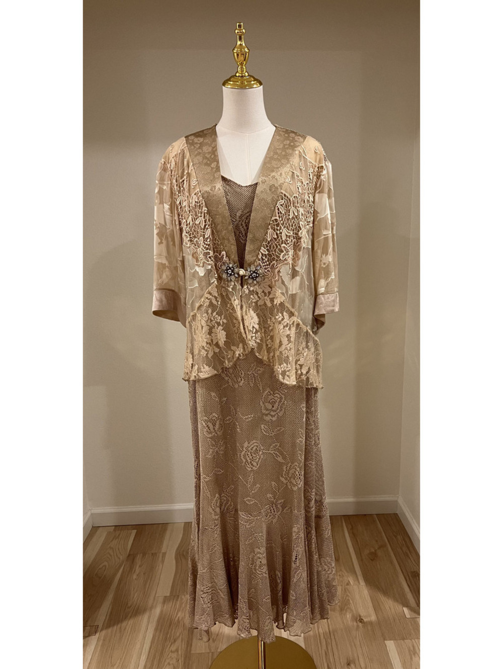 Vtg Spencer Alexis Metallic Gold Lace Dress Jacket Set XL